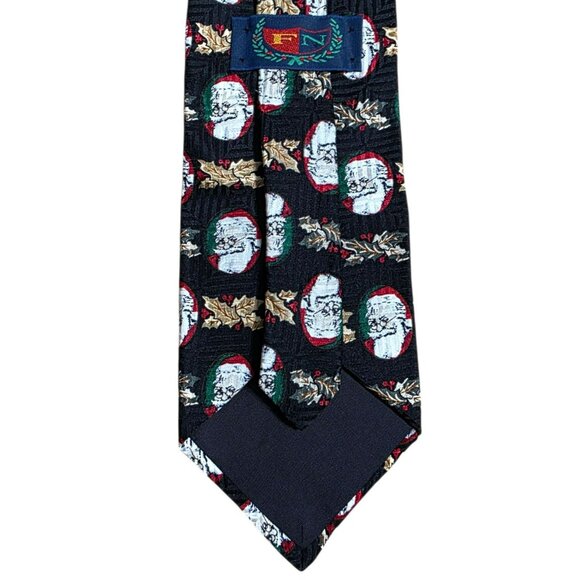 Vintage Christmas Santa Claus Face Silk Neck Tie Black Gold Holly Holiday Party - Picture 7 of 7